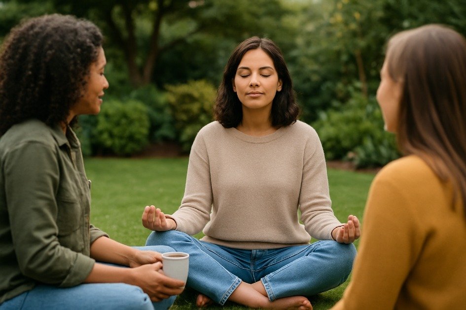 Woman connecting with friends outdoors while practicing a digital detox for a healthier social life
