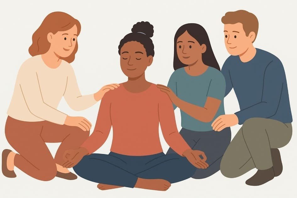Woman practicing mindfulness with supportive friends, fostering emotional recovery and resilience