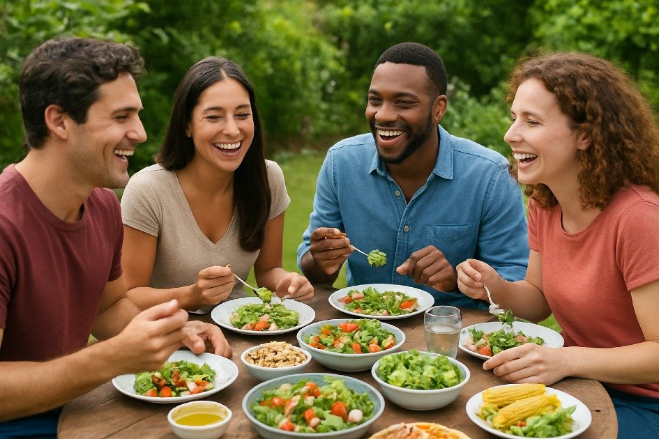 Friends enjoying a healthy meal together, highlighting the connection between social life and eating habits