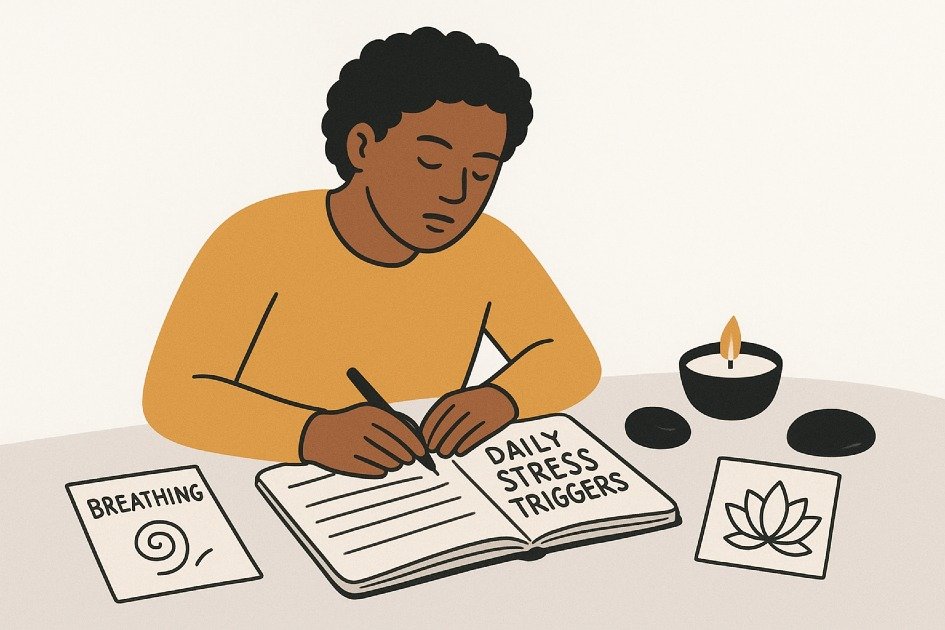Person analyzing daily stress triggers using a journal and mindfulness tools