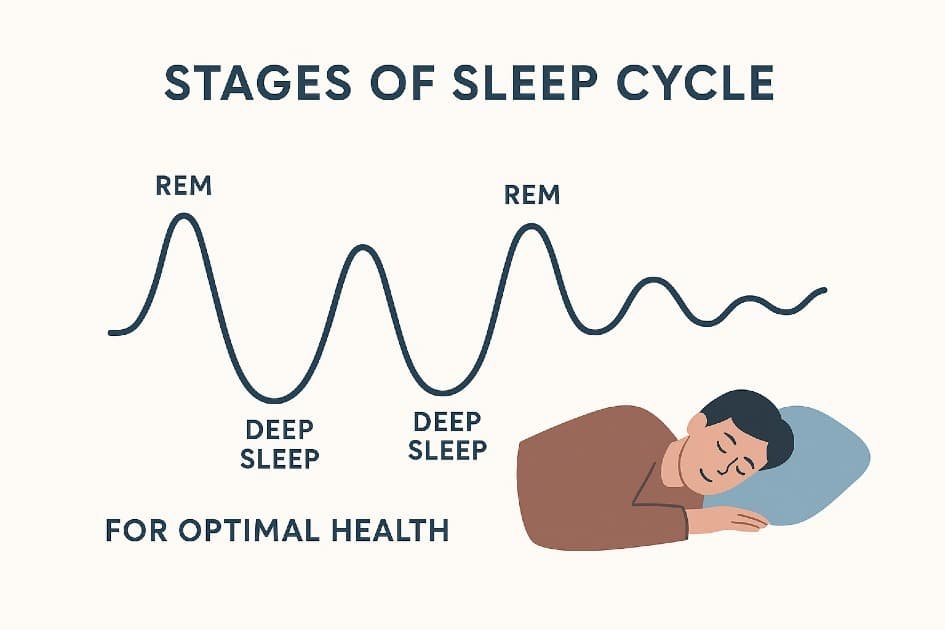 Illustration of the sleep cycle showing REM and deep sleep stages for optimal health.