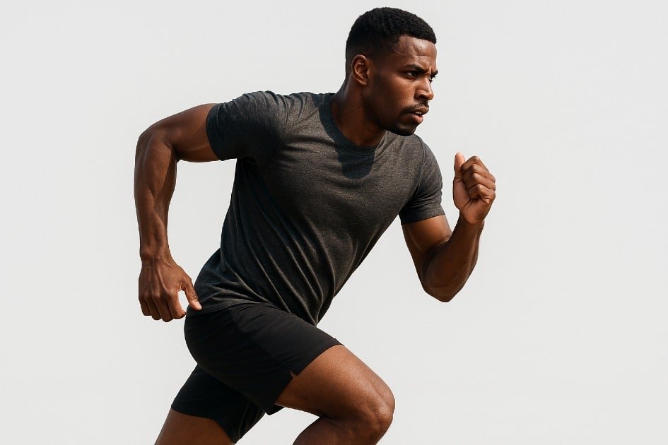 Person running outdoors with energy and focus, representing staying motivated for cardio workouts.