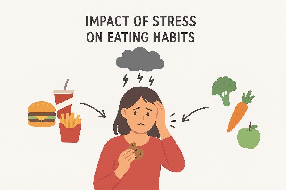 Impact of stress on eating habits and food choices, showing emotional eating and healthy options.