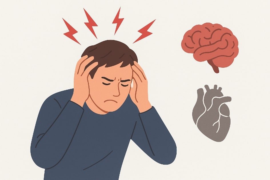 Impact of stress on mental and physical health with person holding head in tension