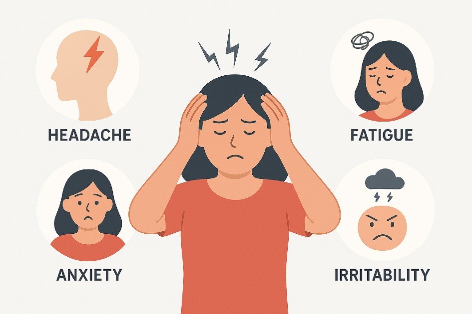 Visual representation of common physical and emotional stress signs like headache, fatigue, anxiety, and irritability