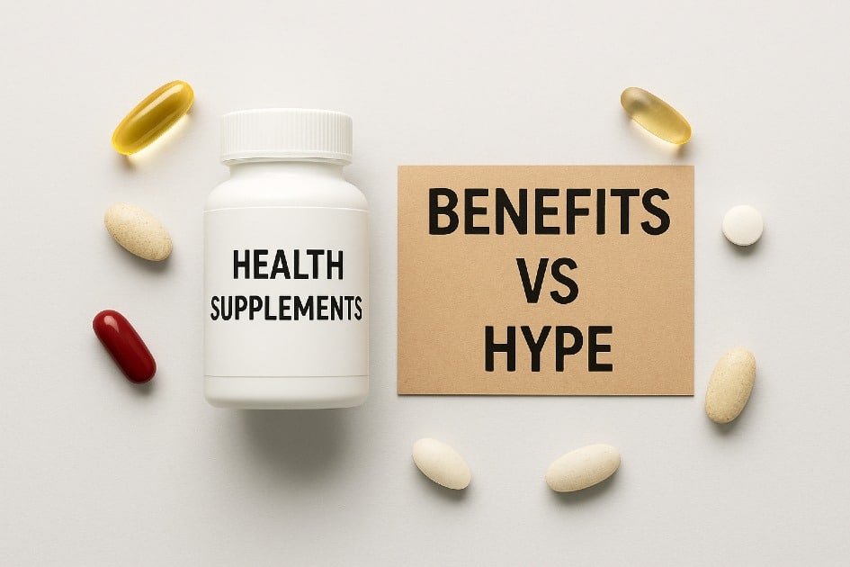 Health supplements on a table with vitamins and capsules, questioning benefits versus hype