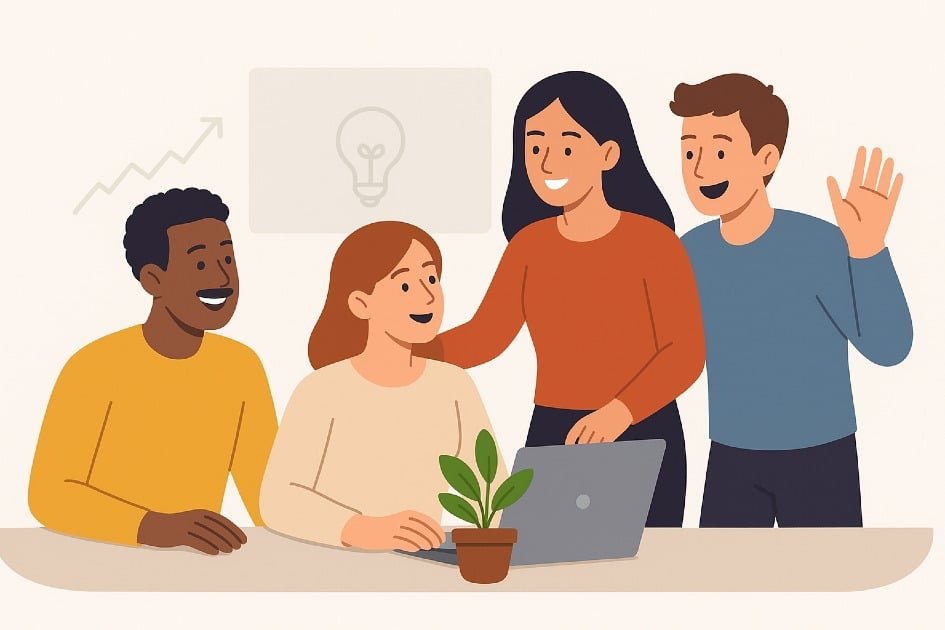 Team collaborating in a positive workspace fostering support and growth