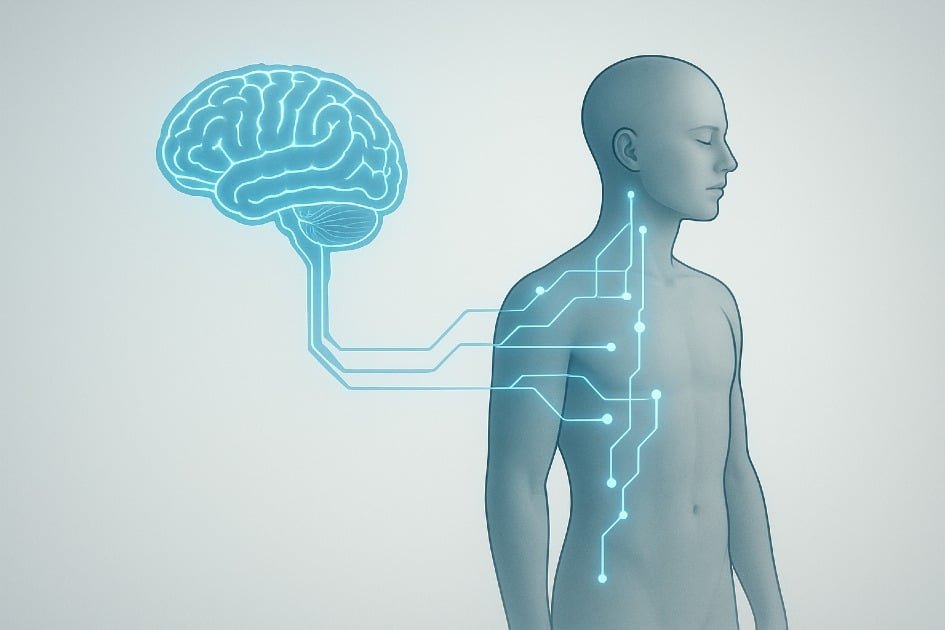 Digital interface connecting brain and body, illustrating mind-body synergy