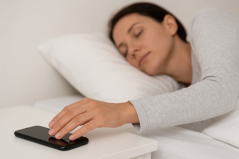 Person putting phone aside while preparing for sleep, highlighting healthy tech habits.