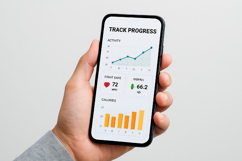 Person tracking fitness and health progress on a digital app with charts and graphs
