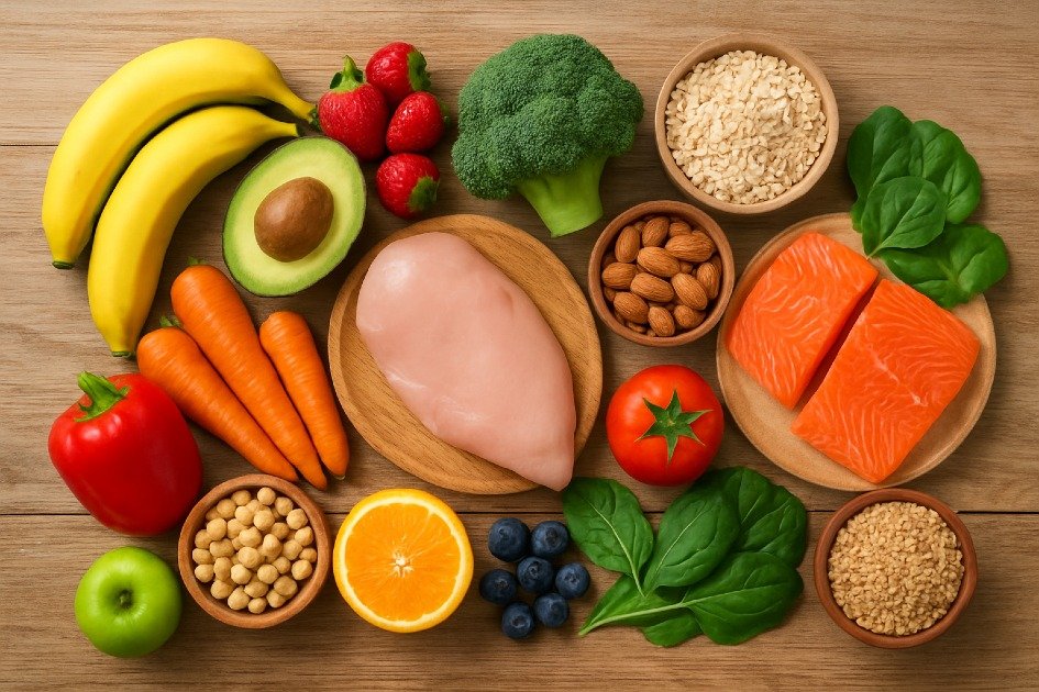 A colorful spread of fresh fruits, vegetables, whole grains, and lean proteins arranged on a wooden table symbolizing balanced nutrition and healthy eating habits.
