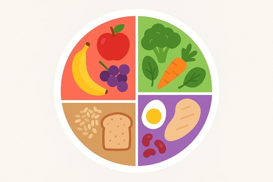 A colorful plate showing balanced nutrition with fruits, vegetables, proteins, and whole grains arranged in harmony.