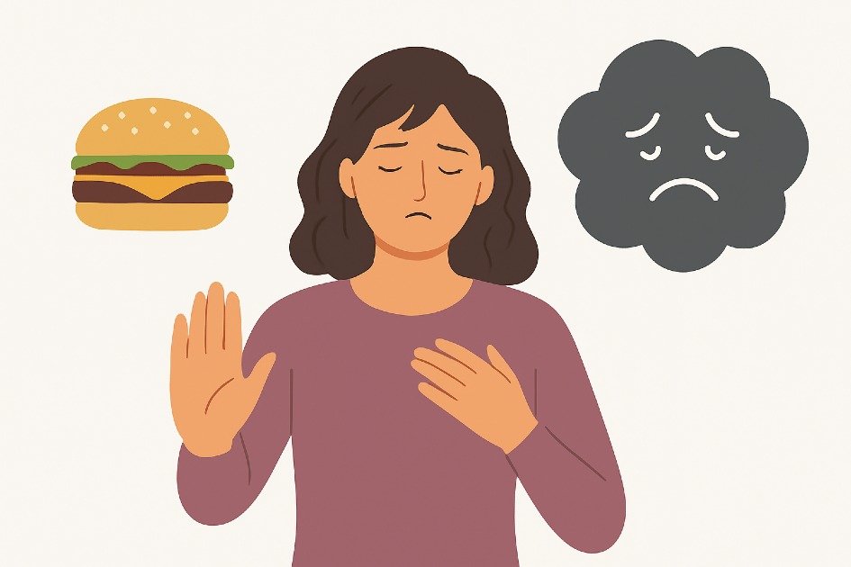 Person resisting food cravings with mindful awareness, highlighting emotional triggers of eating