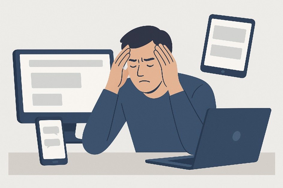 Digital overload concept showing stressed person surrounded by screens.