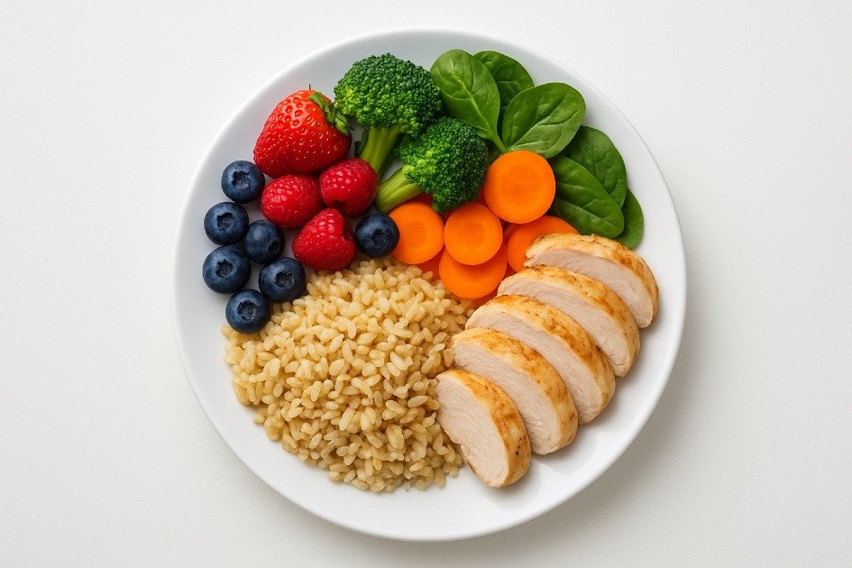 Balanced plate of colorful fruits, vegetables, lean proteins, and whole grains symbolizing healthy eating habits