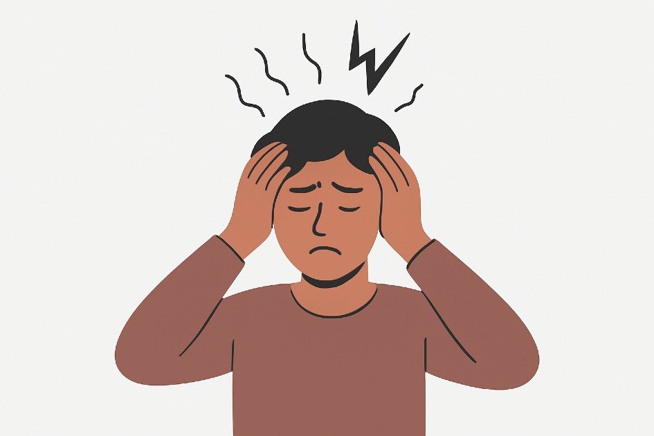 Person holding head with signs of stress, symbolizing awareness of stress triggers for better mental health.