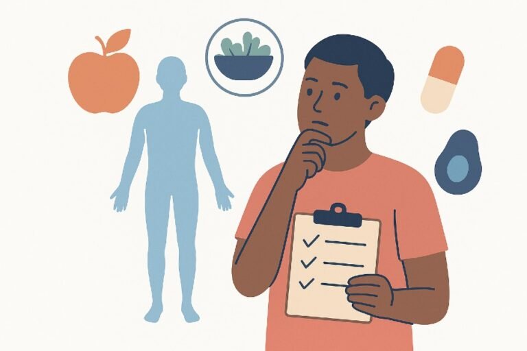 Illustration showing a person analyzing their unique nutritional and health needs for optimal wellness