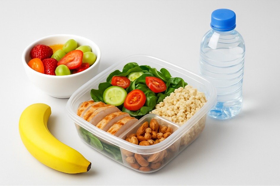 Healthy workplace lunch setup with balanced meals, fruits, and hydration promoting employee wellness.