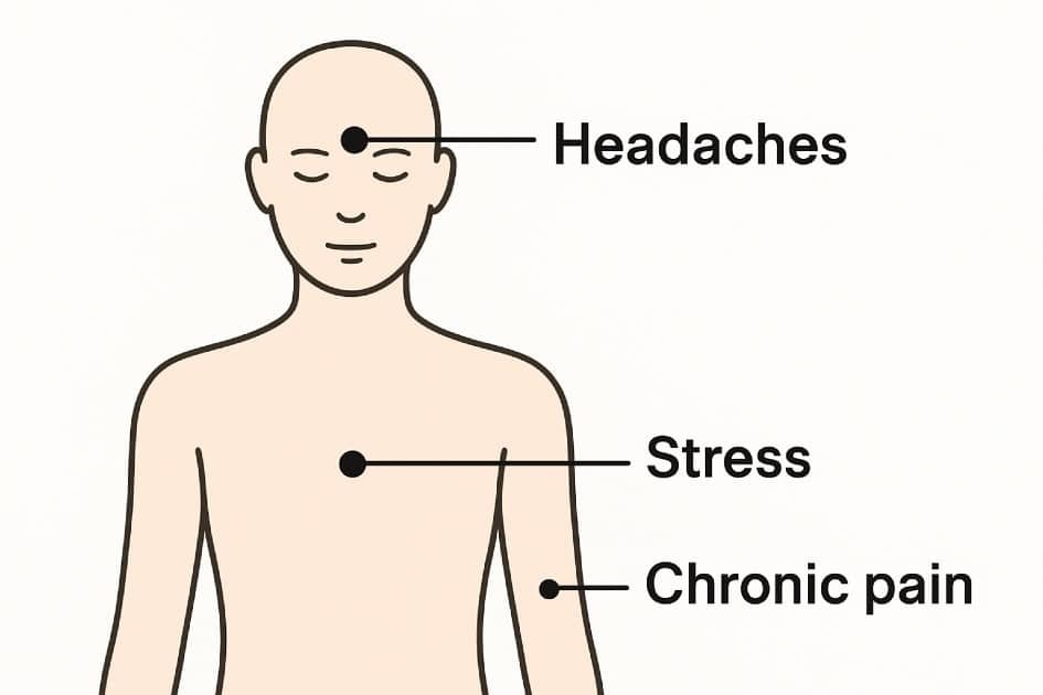 Acupressure points on the body targeting headaches, stress, and chronic pain relief.