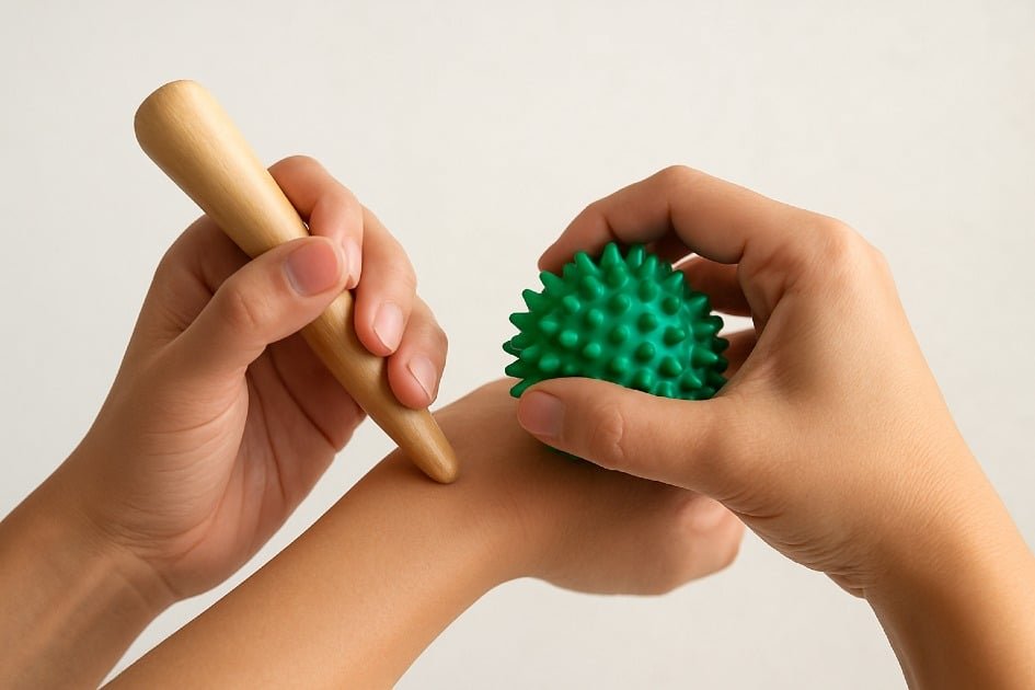 Hands using acupressure tools to relieve pain naturally at home