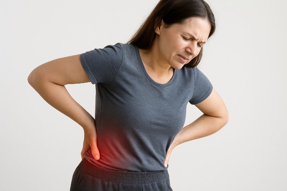 Woman holding her lower back in pain, showing the struggle of chronic pain in daily life