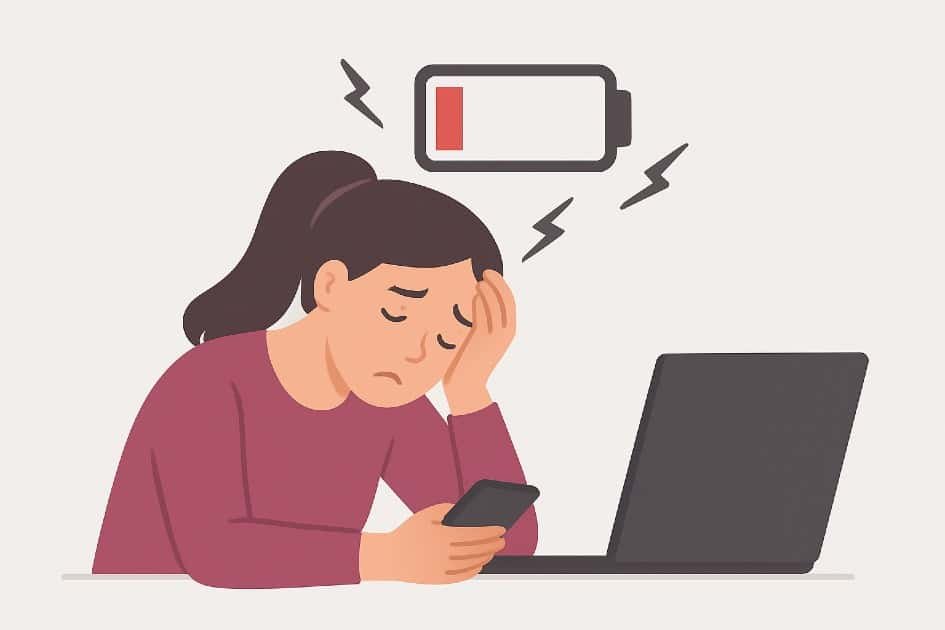 Digital device overuse draining energy, causing fatigue and burnout.