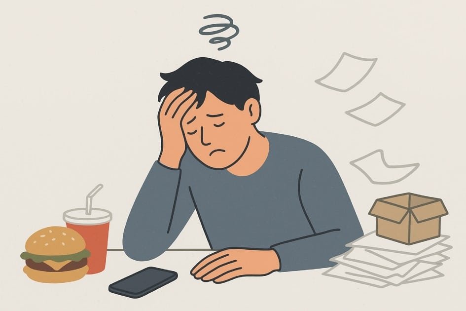 Person feeling exhausted surrounded by daily energy-draining habits like phone, junk food, and clutter.
