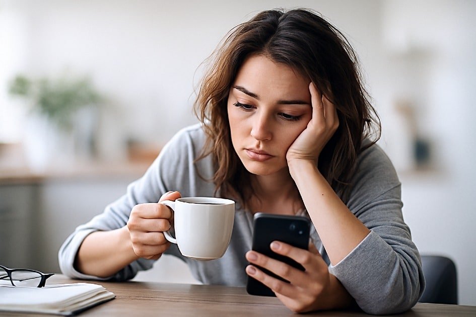 Woman looking tired and drained in the morning with coffee and phone