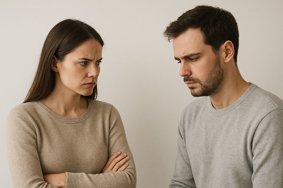 Tense couple facing each other with emotional distance, showing draining relationship dynamics.
