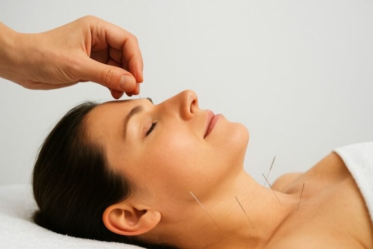 Person receiving gentle acupuncture treatment that naturally reduces pain and promotes healing.
