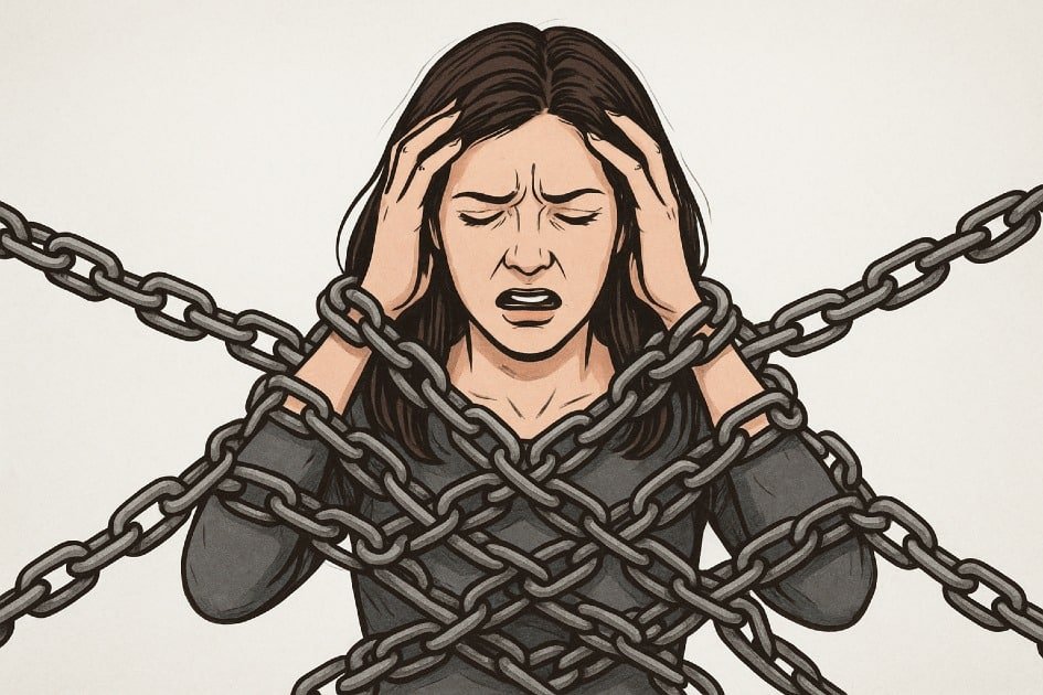 Woman overwhelmed by stress, tangled in chains of daily pressures