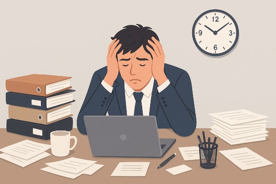 Stressed professional overwhelmed by work with cluttered desk and clock showing late hours.