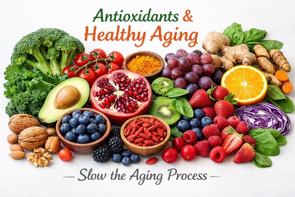 Colorful fresh fruits and vegetables rich in antioxidants promoting healthy aging.