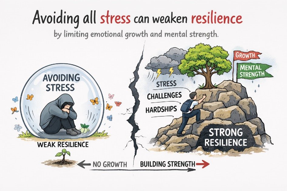 Avoiding all stress can weaken resilience by limiting emotional growth and mental strength