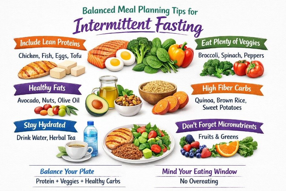 Balanced meal planning tips for intermittent fasting with colorful nutritious foods.