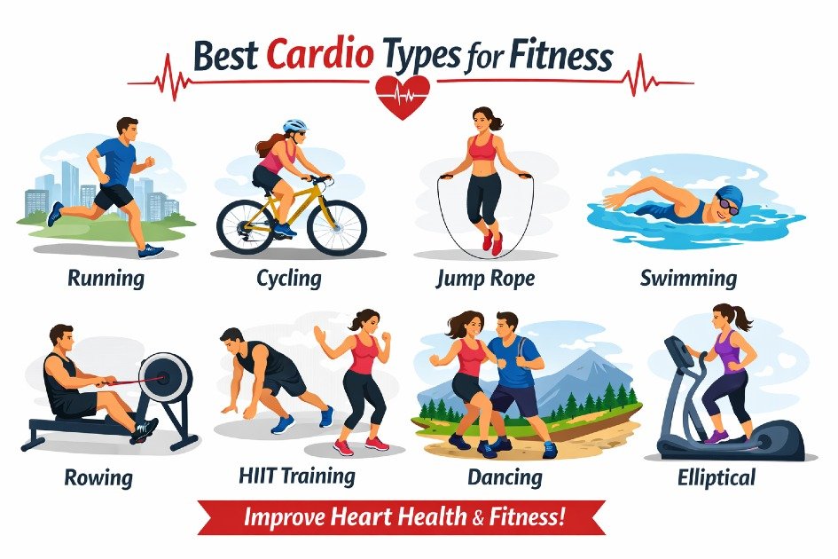 Different types of cardio exercises to improve heart health and fitness.