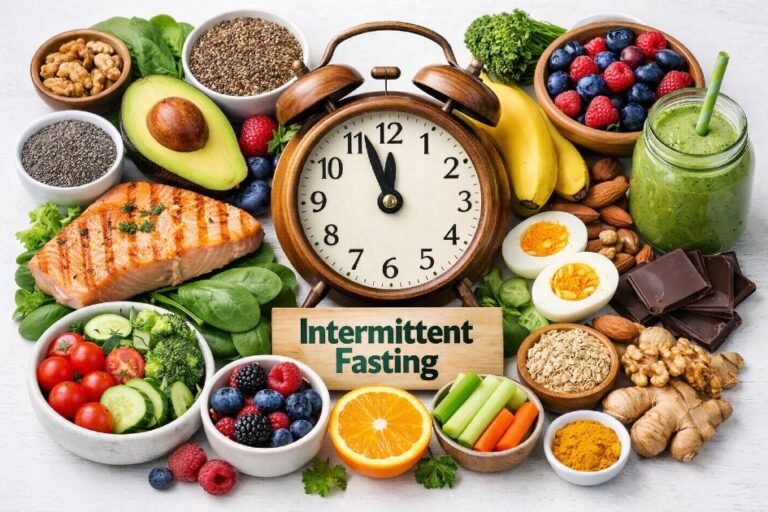 Healthy whole foods boosting energy during intermittent fasting