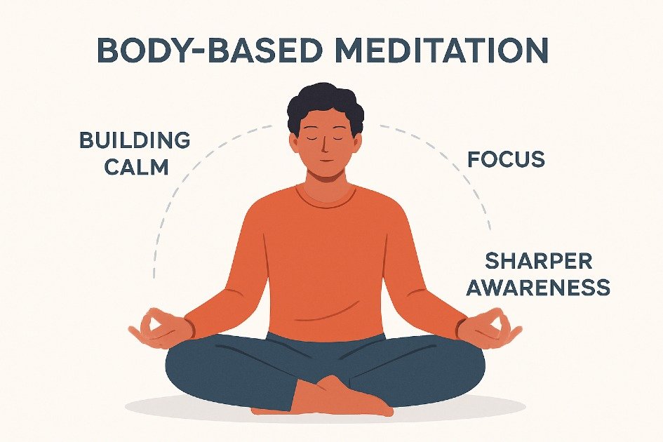 Body-based meditation practice helping a person build calm focus and sharper awareness.