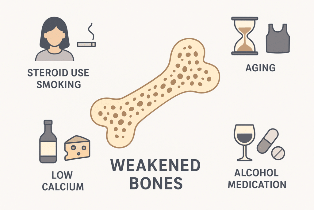 Illustration of weakened bones showing risk factors for osteoporosis and fractures.