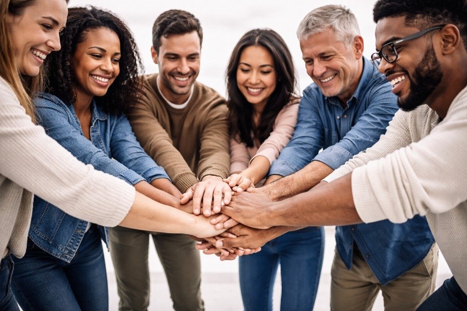 People connecting hands in a circle, symbolizing trust, community, and support.