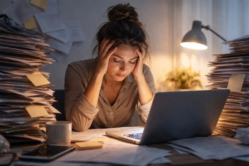 Woman overwhelmed at work surrounded by papers and a glowing laptop, representing burnout creeping into daily life.