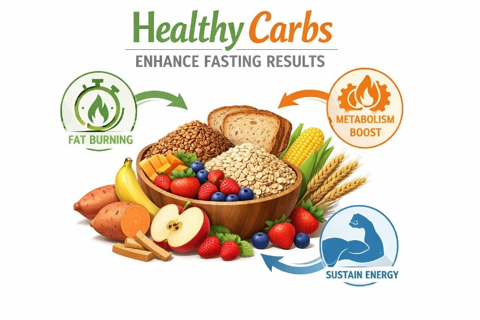 Healthy carbs boosting fasting results with fruits, grains, and metabolism icons