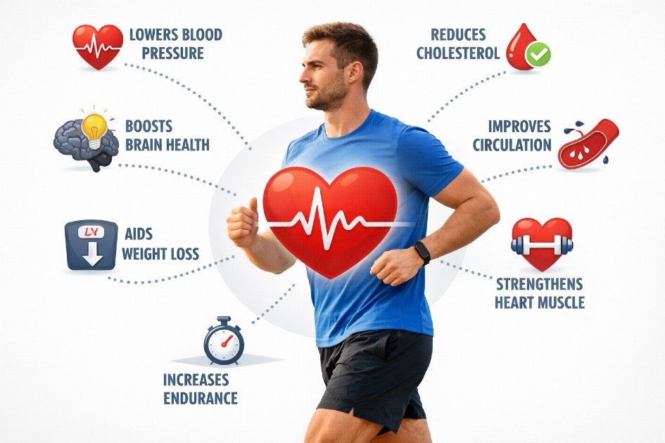 Person jogging outdoors with heart health icons overlay, showing benefits of cardio exercise.