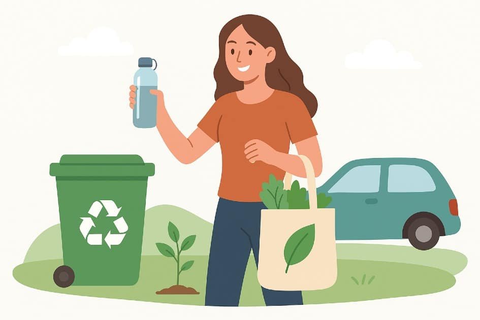 Woman practicing eco-friendly habits outdoors to enhance health and wellness