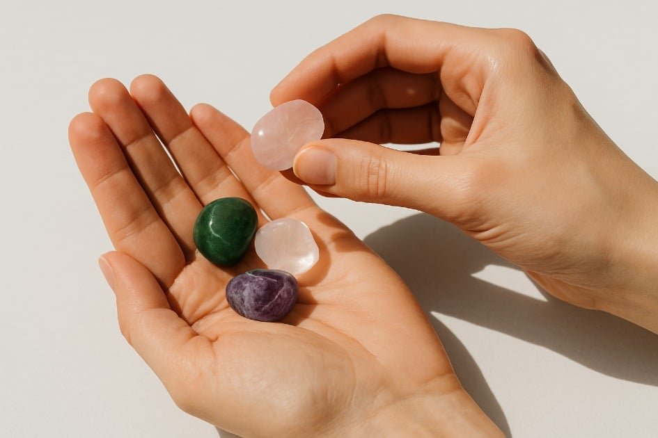 Hands cleansing and recharging healing crystals under sunlight