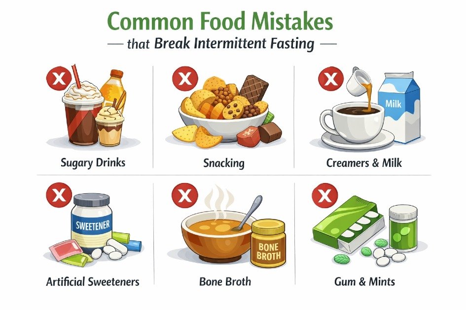 Healthy fasting tips showing common food mistakes that break intermittent fasting.