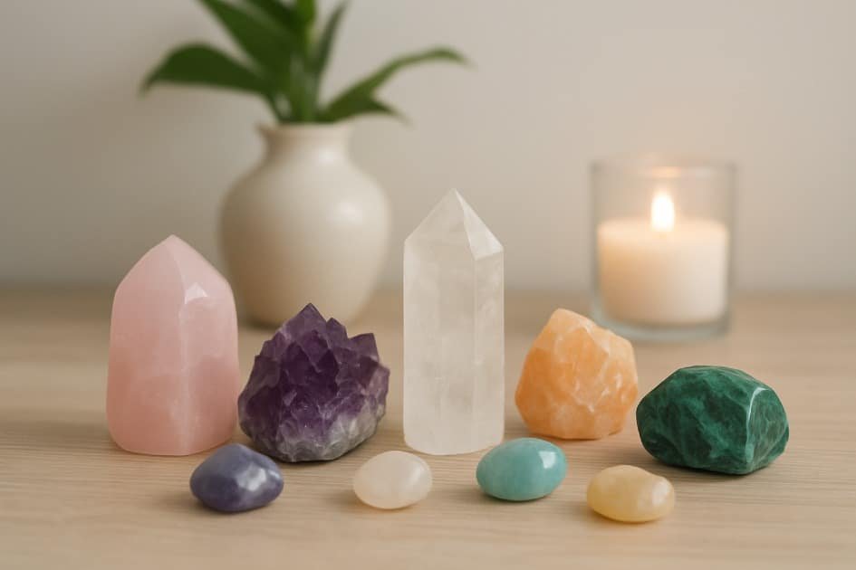 Crystals arranged in a home setting radiating positive energy
