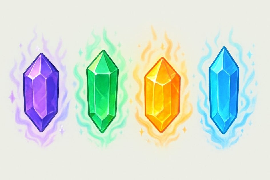 Crystals glowing with energy, clearing negative vibes and promoting positive energy