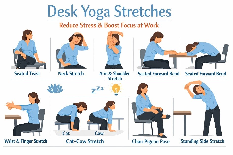 Desk yoga stretches to reduce stress and boost focus at work