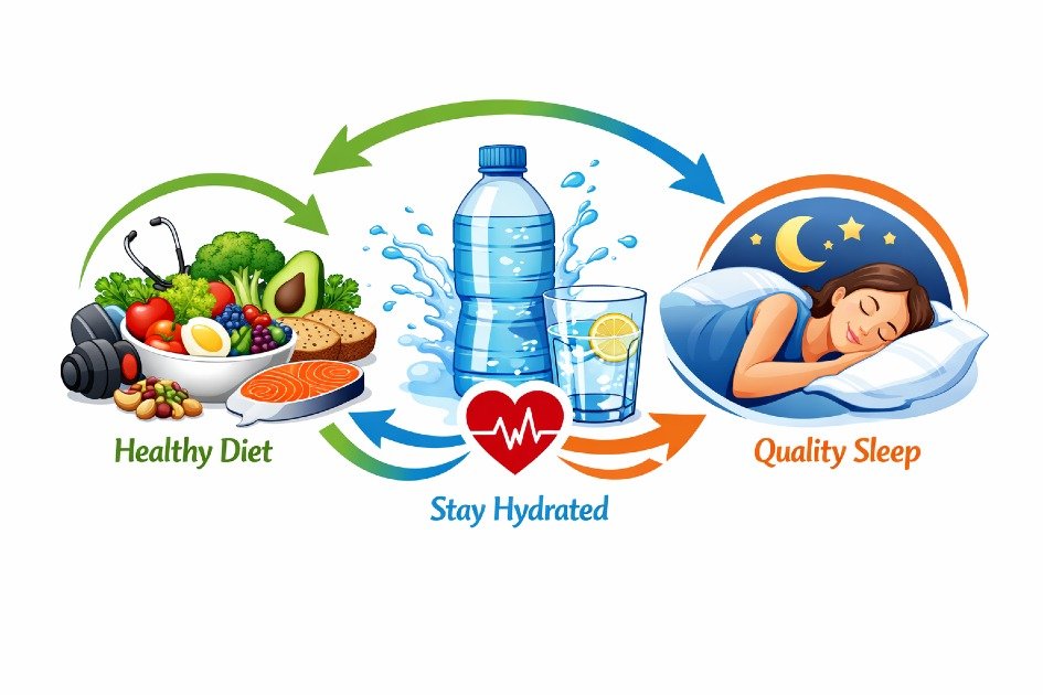 Healthy lifestyle essentials: balanced diet, proper hydration, and quality sleep connection